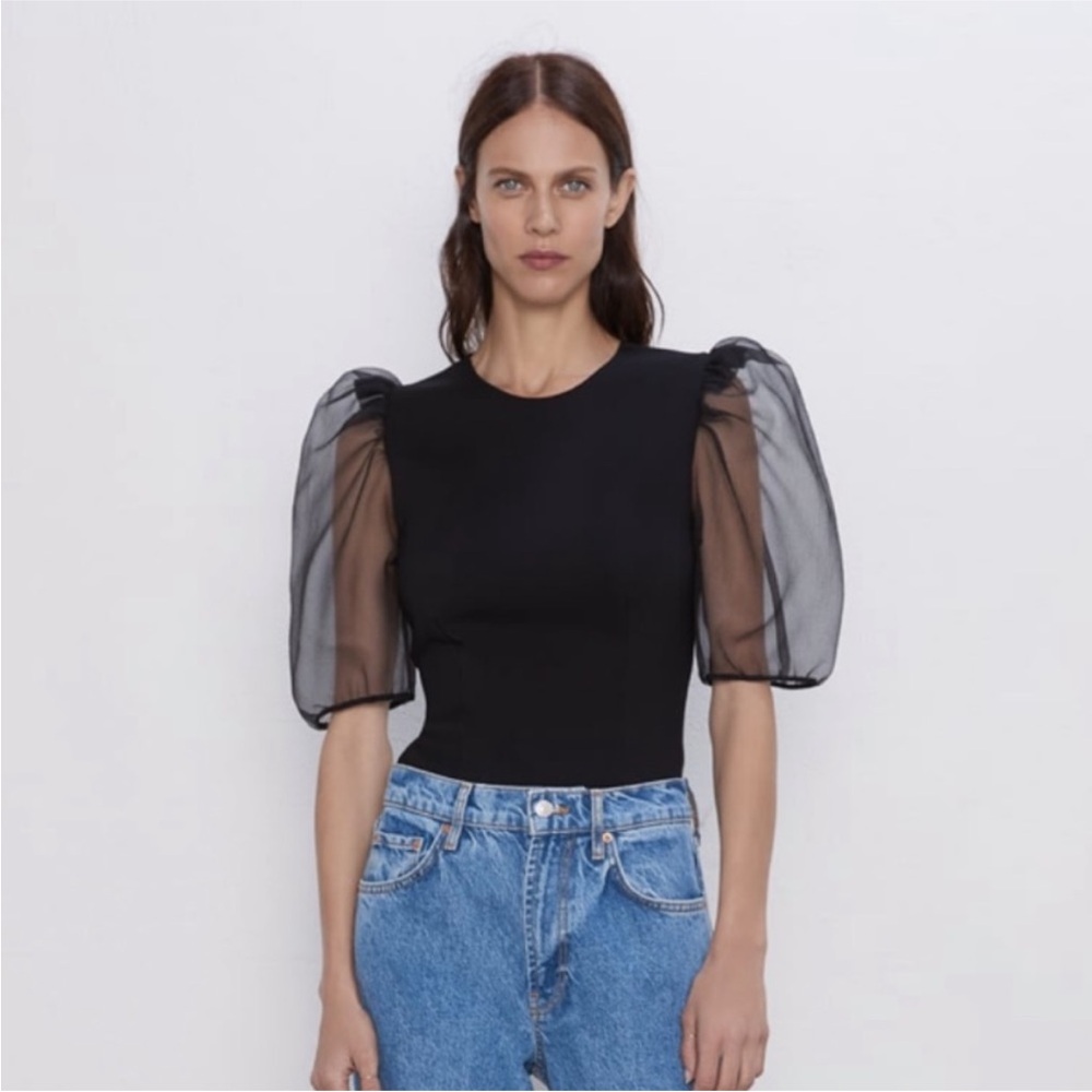 NWT Zara Black Puff Sleeve Top